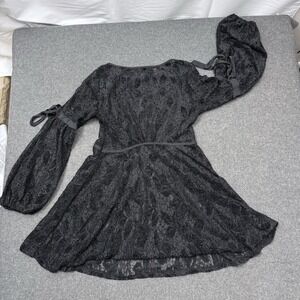 Free People Lace Mini Dress Black Sheer Bell Sleeve Boho Festival S